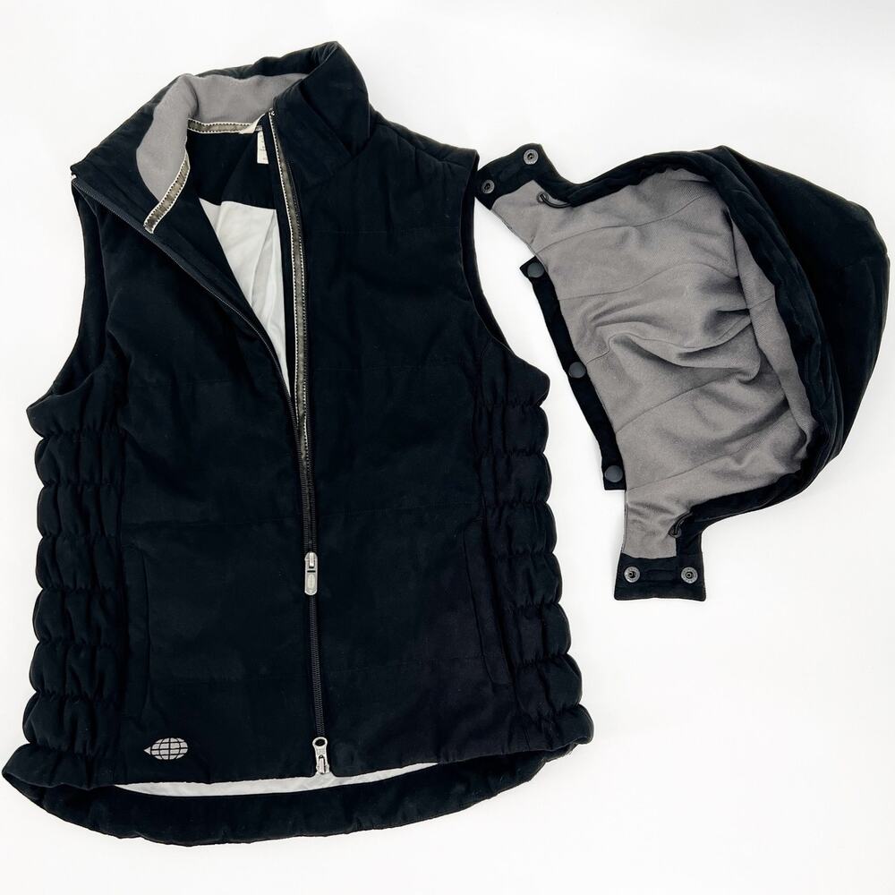 ExOfficio Hooded Puffer Vest Womens Small Black Micro Suede Removable Hood Vegan